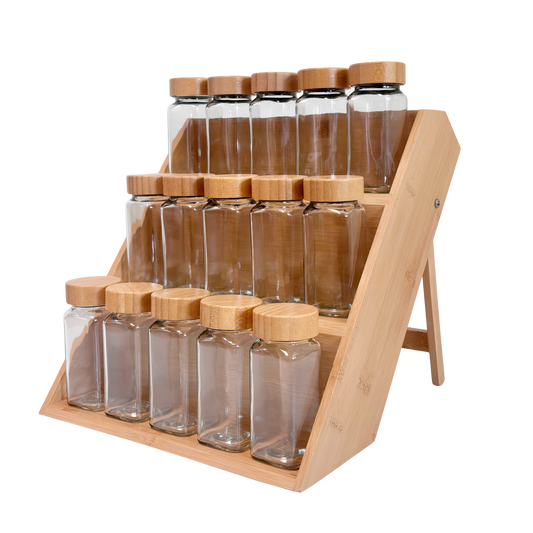 Bamboo Spice Rack & Glass Jar Set