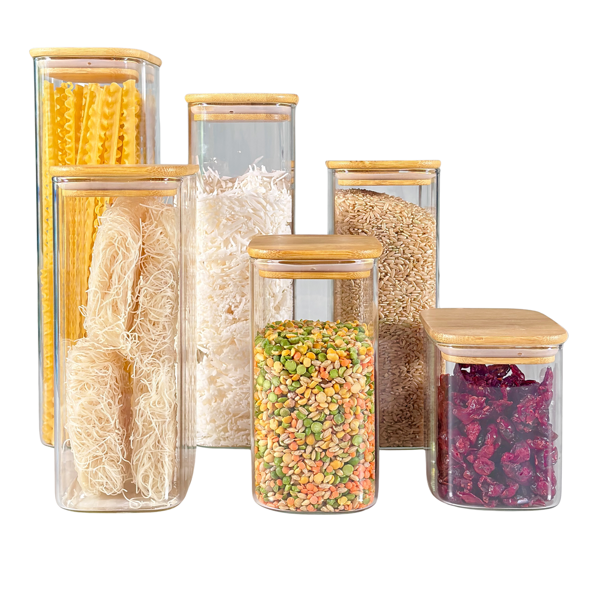 6-Piece Rectangular Glass Jar Pantry Set with Bamboo Lids