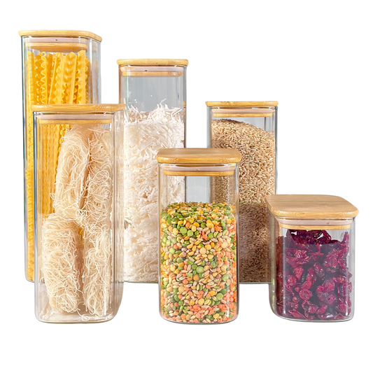 6-Piece Rectangular Glass Jar Pantry Set with Bamboo Lids