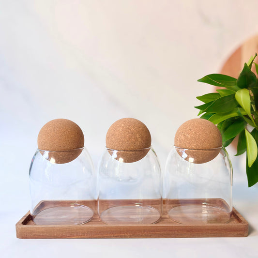 Tea, Coffee & Sugar Glass Canister Set with Acacia Tray