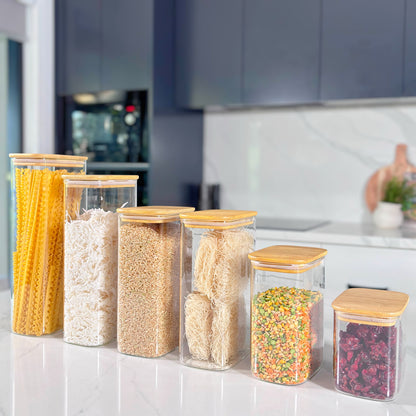 6-Piece Rectangular Glass Jar Pantry Set with Bamboo Lids