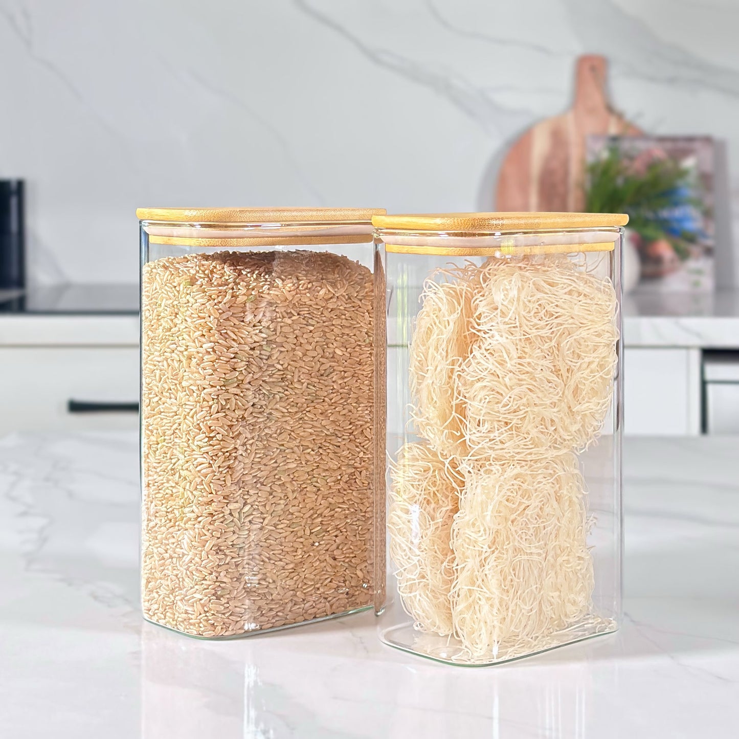 6-Piece Rectangular Glass Jar Pantry Set with Bamboo Lids