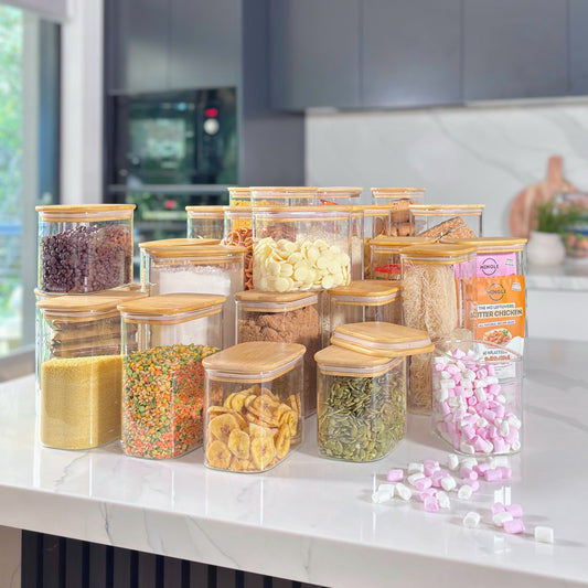 24-Piece Rectangular Glass Jar Pantry Set with Bamboo Lids