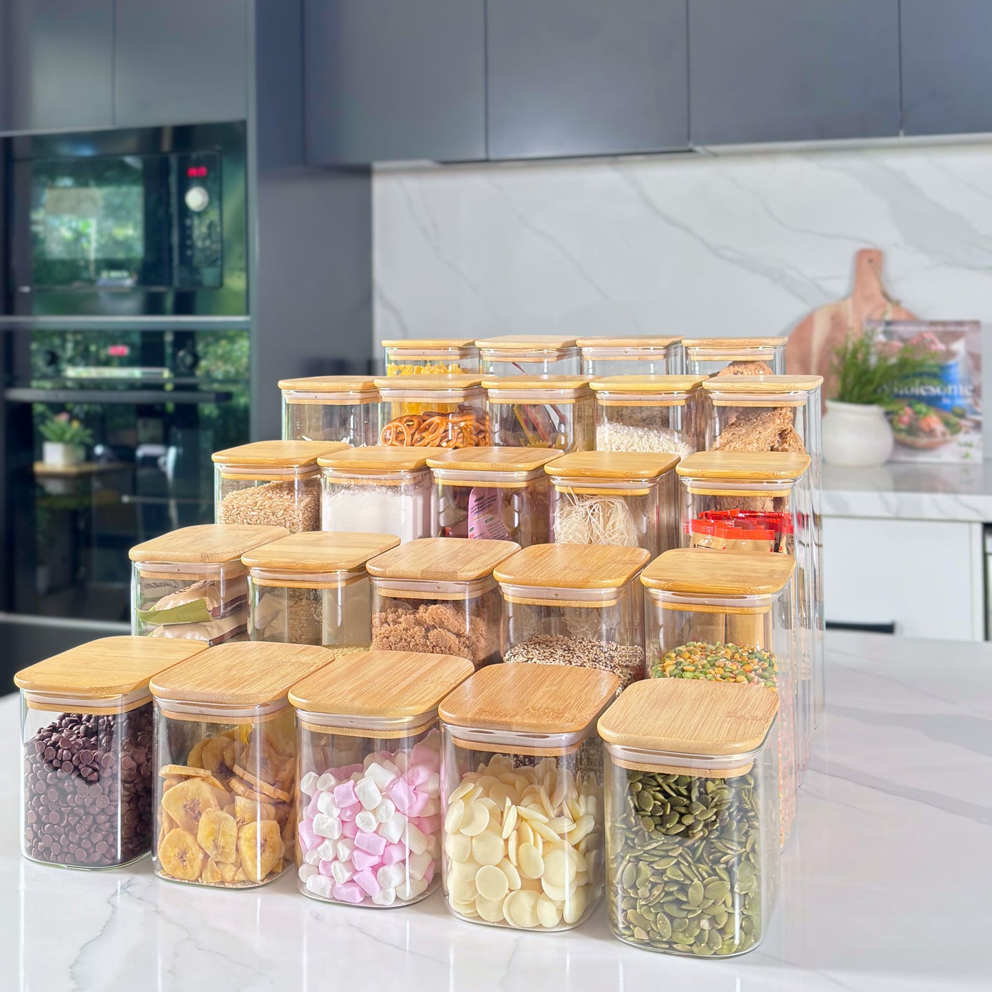 24-Piece Rectangular Glass Jar Pantry Set with Bamboo Lids