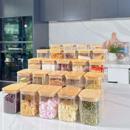 24-Piece Rectangular Glass Jar Pantry Set with Bamboo Lids