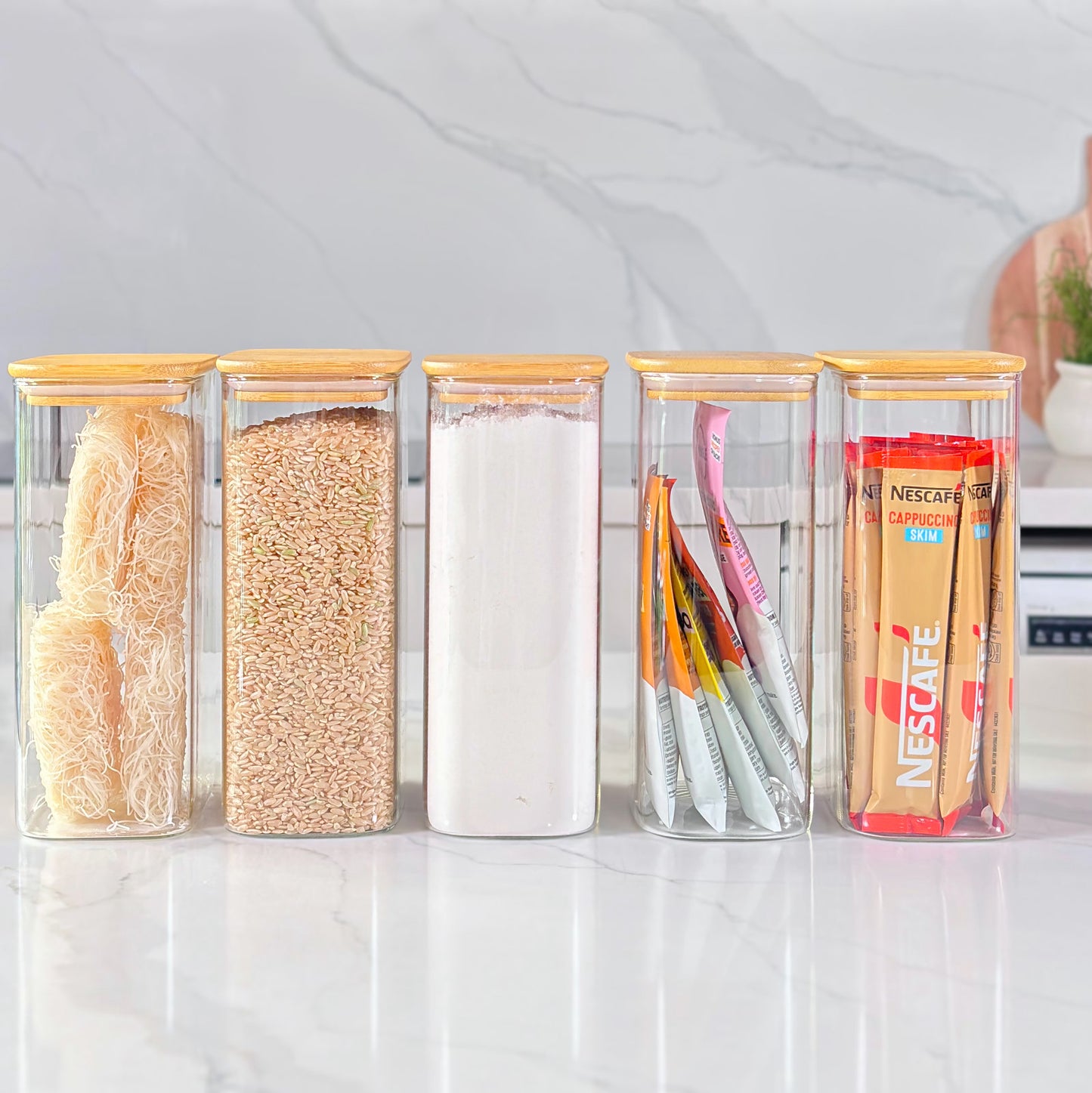 24-Piece Rectangular Glass Jar Pantry Set with Bamboo Lids