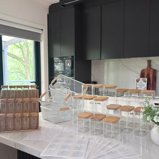 Glass Kitchen Reset Bundle | White Labels & Mesh Storage Baskets