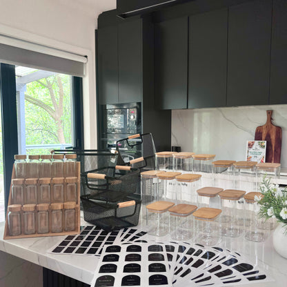 Glass Kitchen Reset Bundle | Black Labels & Mesh Baskets