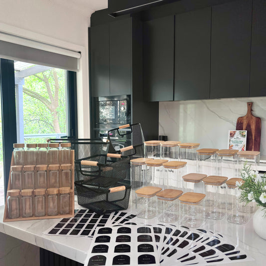 Glass Kitchen Reset Bundle | Black Labels & Mesh Baskets