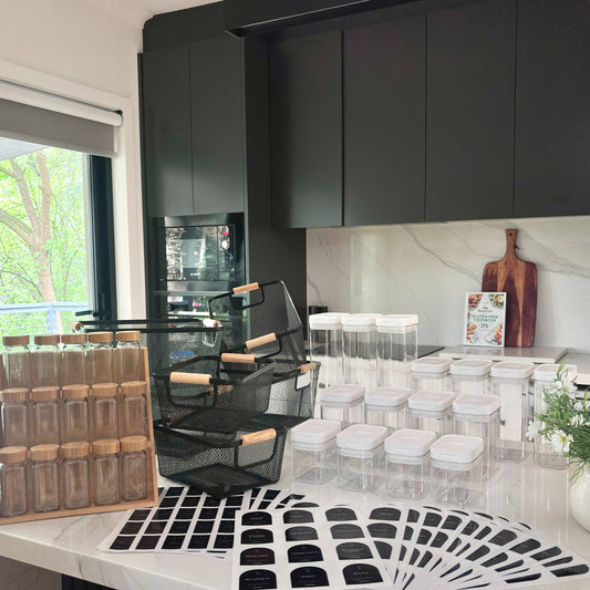 Airtight Container Kitchen Reset Bundle | Black Labels & Mesh Storage Baskets