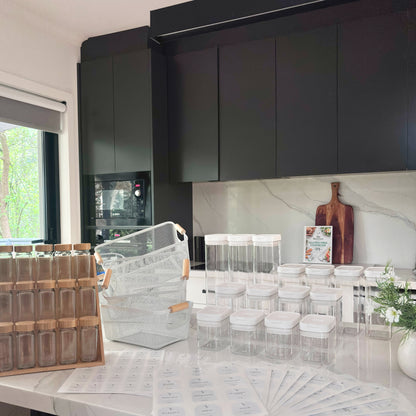 Airtight Container Kitchen Reset Bundle | White Labels & Mesh Storage Baskets